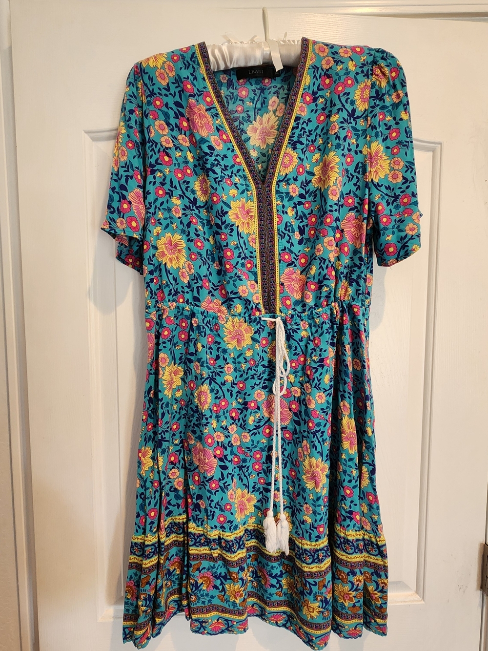 Lush Teal Floral Midi Dress with Tassel Tie Waist